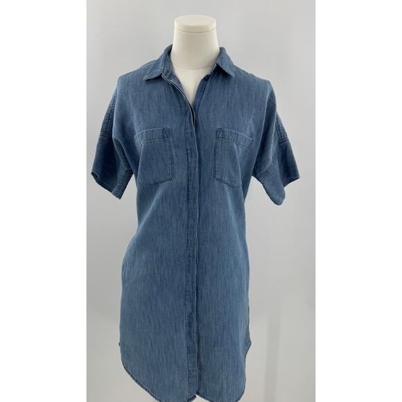 Madewell Chambray Denim Shirt Dress Cotton Linen Short Sleeve Button up S M - Picture 2 of 12